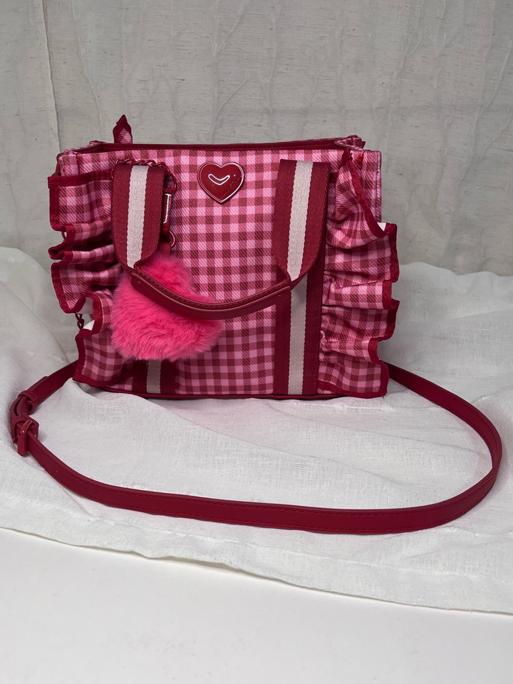 Luv Betsey LBruffle Gingham Ruffle Crossbody Tote Bag with Faux Fur Heart Charm
